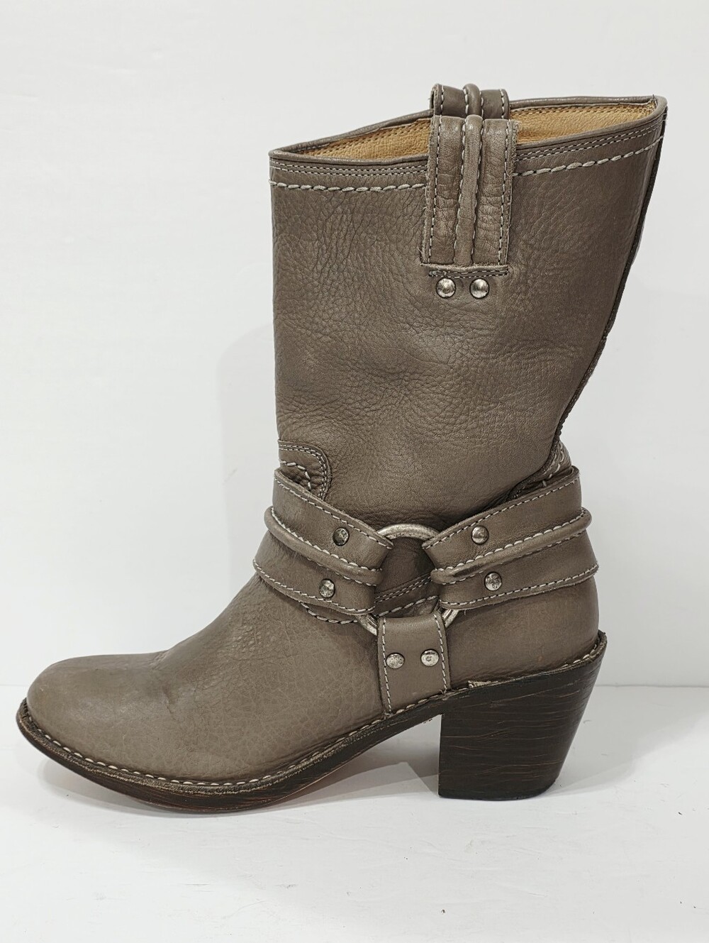 Frye 77376 GRAY Leather Boot Riding Moto Harness 12R Biker Ride Women 6.5 M Used - Picture 15 of 16